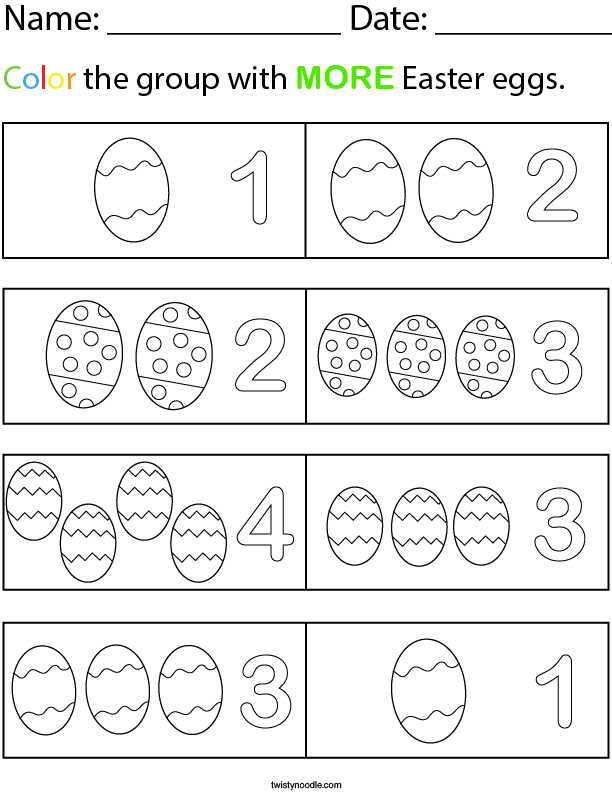 Color the group with more Easter eggs Math Worksheet - Twisty Noodle